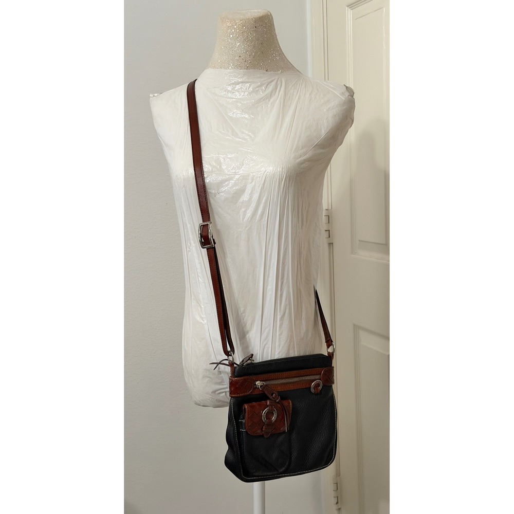 Brighton Crossbody Bag Black Pebbled Leather Brown Woven Trim Silver Hardware